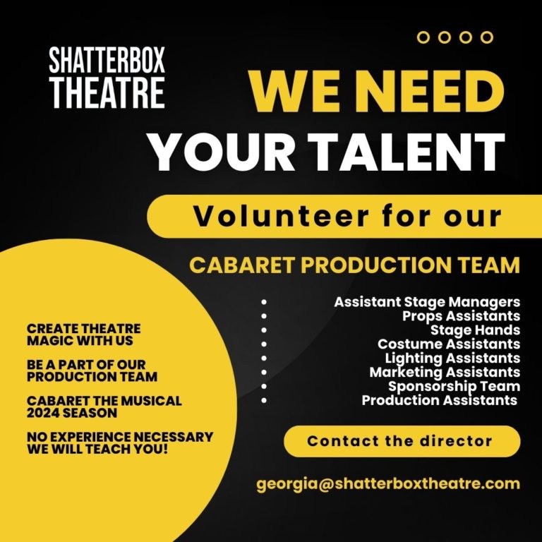 Volunteer callout for Shatterbox Theatre's production of Cabaret the Musical